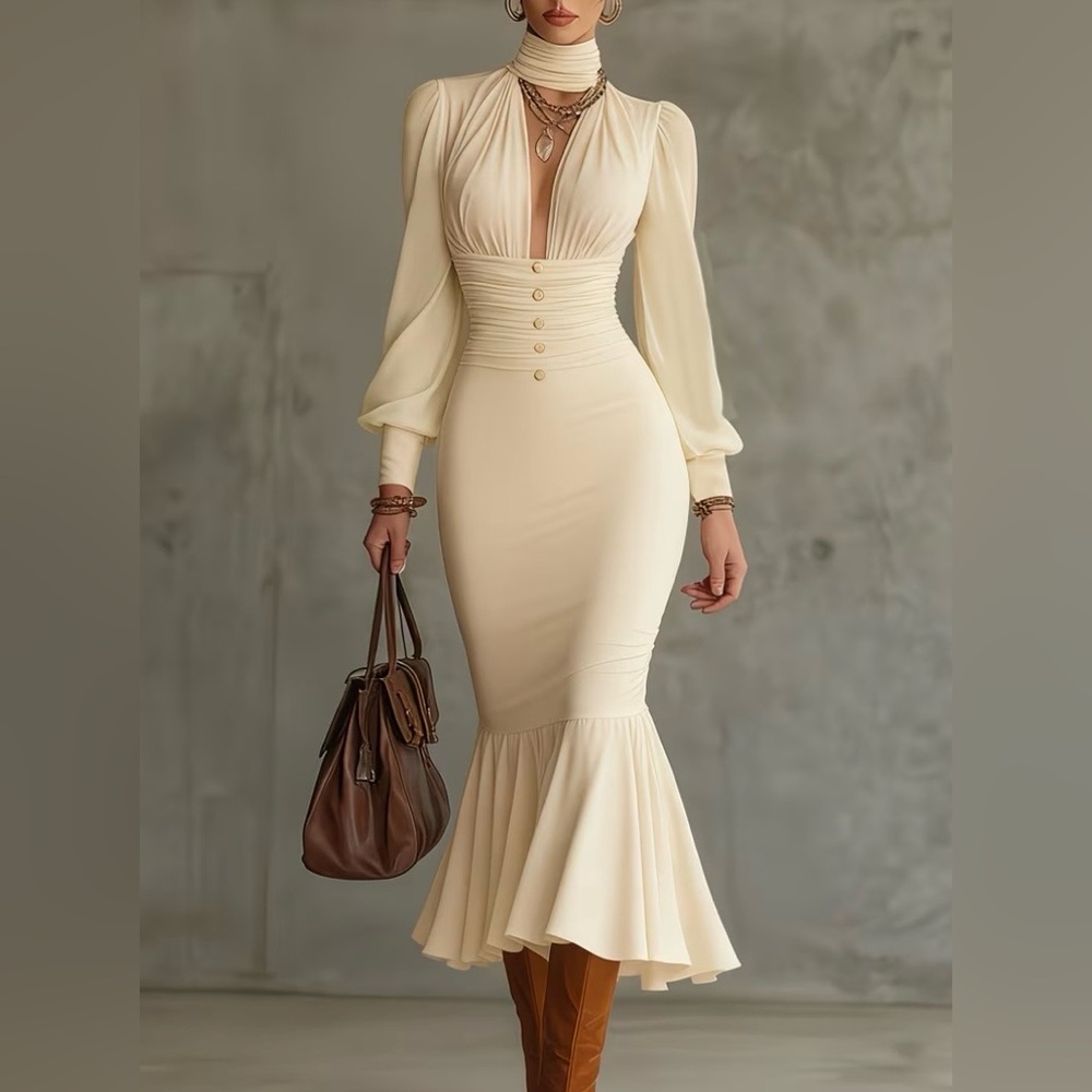 Elegant Cream Long Sleeve Dress